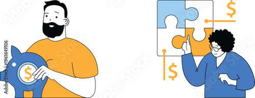 Man and woman collaborating on financial planning with puzzle pieces and money symbols around them