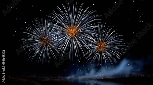 Bright fireworks display on the dark night sky