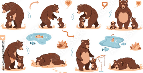 Cute bear family life cycle vector illustration set showing parent and cub activities including fishing, playing, caring and resting in forest nature scenes