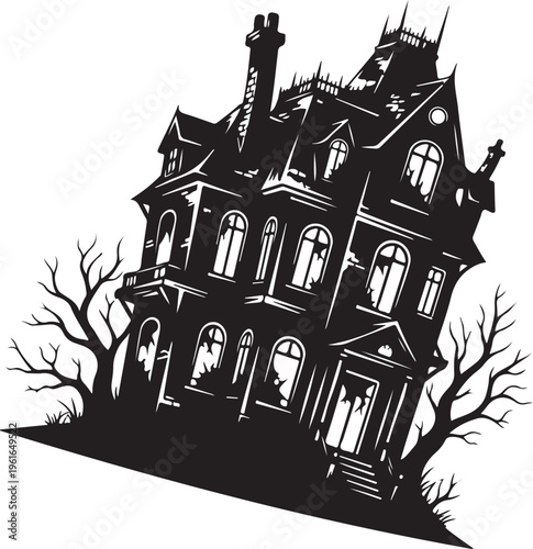 Spooky haunted house with bare trees and creepy atmosphere