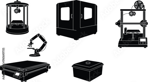 Collection of modern 3D printers and equipment silhouettes including delta, Cartesian, resin, robotic arm, enclosed printer, and filament storage dry box for additive manufacturing.