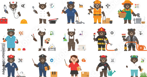 Cute bear professions cartoon vector set featuring different jobs including doctor, firefighter, builder, artist and worker characters with tools and uniform illustrations