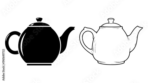 Traditional ceramic teapot set featuring solid black silhouette and detailed outline art.