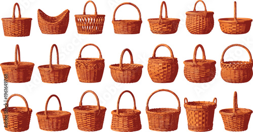 Wicker basket collection with handmade woven containers, rustic storage and picnic baskets set, natural rattan craft vector illustration isolated on white background