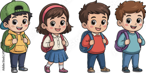 Cheerful group of diverse cartoon school children wearing backpacks and casual clothes ready for the first day of elementary school