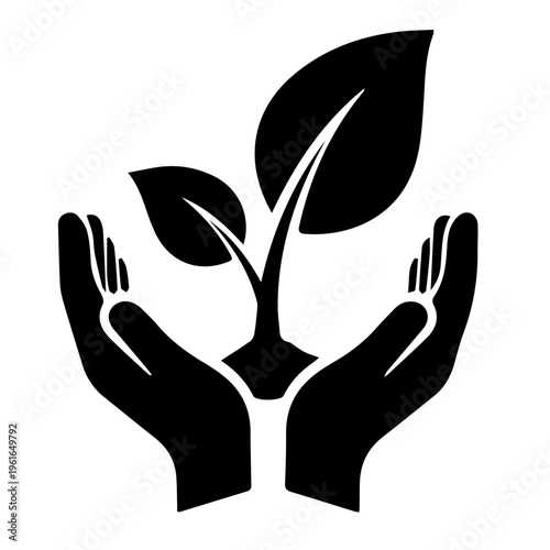 Hands holding a young plant with leaves, symbolizing growth and environmental care.