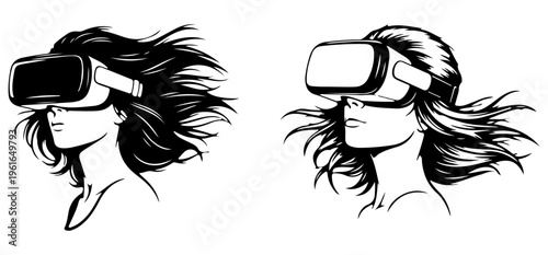 Two women wearing virtual reality headsets with windswept hair, black and white.