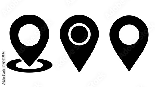 Three black map pin icons for location, navigation, and place on a white background.