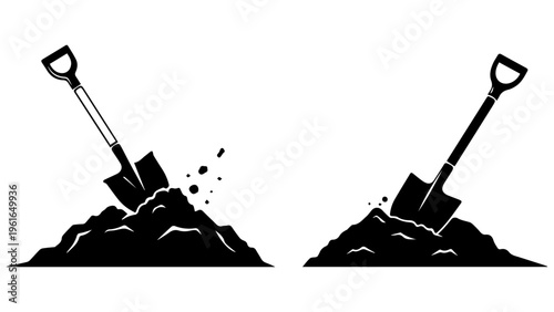 Construction shovel tools stuck in earth mounds black and white vector silhouette graphics.
