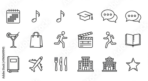 Collection of diverse doodle icons representing various activities and interests.