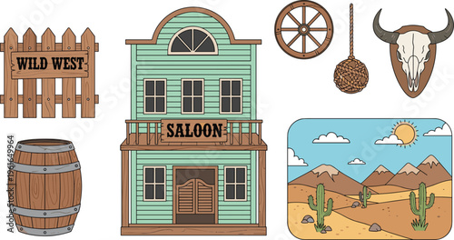 Wild west elements collection with saloon building, wooden barrel, wagon wheel, bull skull and desert landscape, western cowboy theme vector illustration set