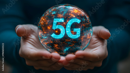 Hands holding a glowing crystal sphere with the number '5G' symbolizing advanced technology and connectivity