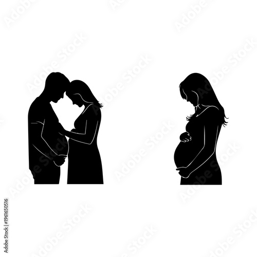 Expecting Couple and Pregnant Woman Silhouettes Maternity Love Vector Illustration