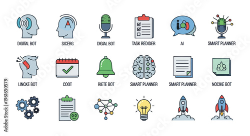 AI Technology Icons: Bots, Brains, Planning, and Innovation Symbols