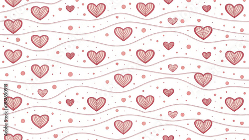 Cute repeating heart motif with dots scattered on wavy lines
