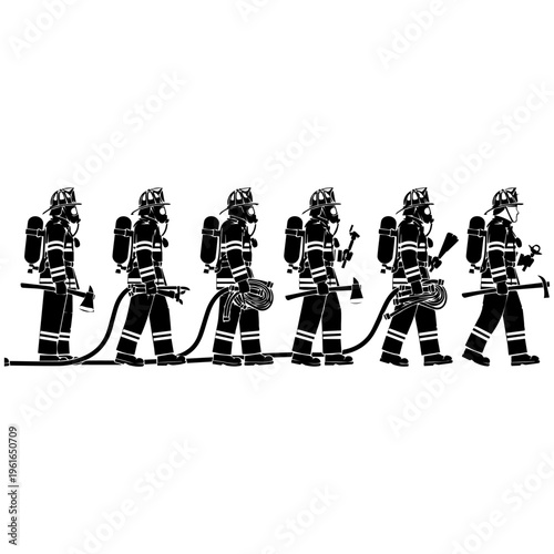 Firefighter Walking Silhouettes Set – Fireman Team Marching with Hose and Gear Vector Illustration
