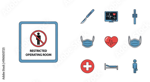 Medical Icons Set: Operating Room Sign, Scalpel, Monitor, ECG, Bed, Heart, Mask, Stethoscope