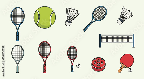 Sports Equipment Collection: Tennis, Badminton, Pickleball, Table Tennis Rackets, Balls, Net