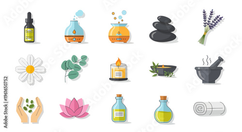 Spa & Wellness Icons: Aromatherapy, Massage Stones, Lavender, Herbs & Essential Oils