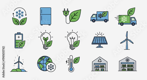 Eco-friendly energy and transport icons: sustainability, green technology, renewable power