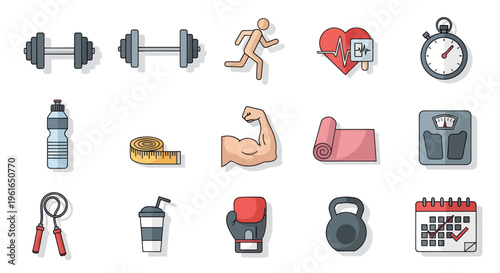 Fitness and Health Icons Set: Dumbbells, Heart Rate, Running, Kettlebell, Mat, Scale