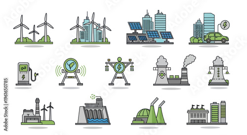 Eco-friendly Energy Icons: Wind, Solar, Electric Car, Power Plants, Dam