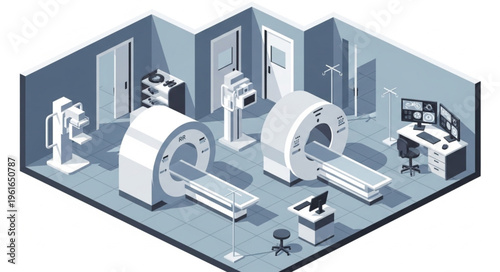 Isometric Medical Imaging Room with MRI and CT Scanners.