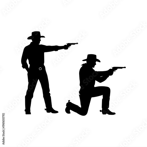 Cowboy Shooting Silhouettes – Western Gunfighters, Wild West Action Illustration Set