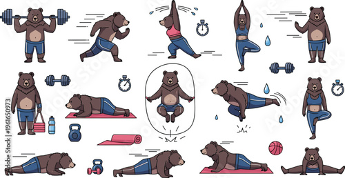 Cute Cartoon Bear Fitness Workout Set with Running, Weightlifting, Yoga, Stretching, Push Ups, Gym Equipment, Healthy Lifestyle Vector Illustration Collection