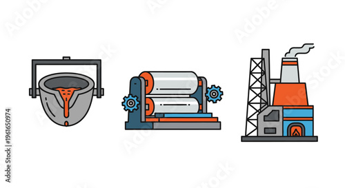 Industrial Manufacturing Icons: Foundry Ladle, Rolling Mill, and Factory
