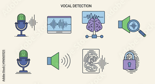 Vocal Detection Icons: Microphone, Brain, Sound Wave, Fingerprint, Lock