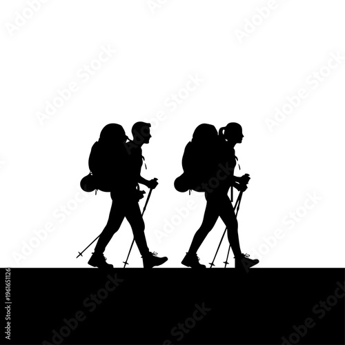 Couple Hiking Silhouette Walking with Backpacks Adventure Trekking on Trail