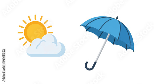 Sunny weather vs Rainy weather icons: sun and cloud next to blue umbrella