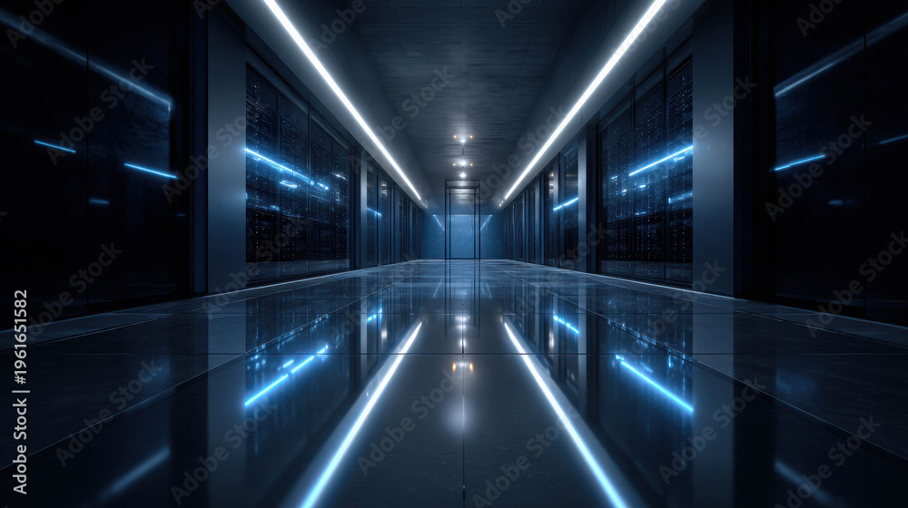 Fototapeta premium A long futuristic corridor with bright neon lights illuminating the pathway