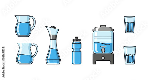 Water Containers Collection: Pitchers, Carafe, Bottle, Dispenser & Glasses