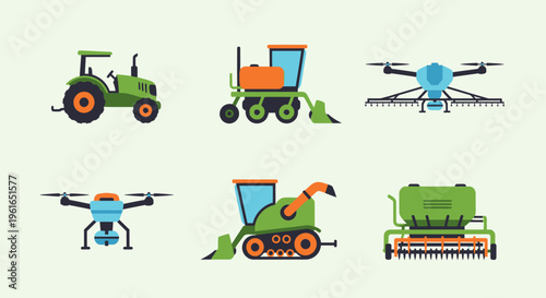 Modern farming technology: tractor, combine harvesters, drones, and seeder