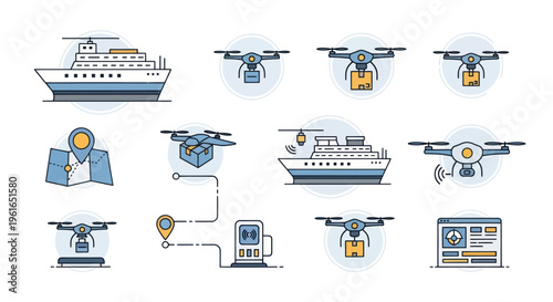 Drone and Ship Delivery Icons: Logistics, Shipping, and E-commerce Icons