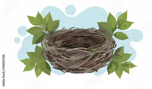 Bird Nest with Green Leaves Spring New Life Nature Vector Illustration