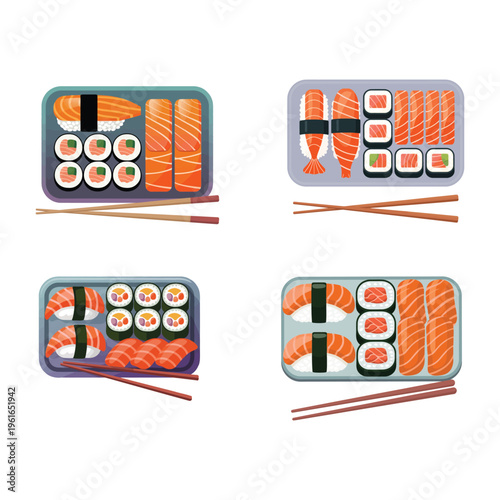 Japanese sushi platter vector with salmon nigiri rolls and maki sushi food illustration