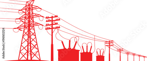 Red silhouette illustration of high voltage electric power transmission lines towers and substation transformers for energy and industrial infrastructure