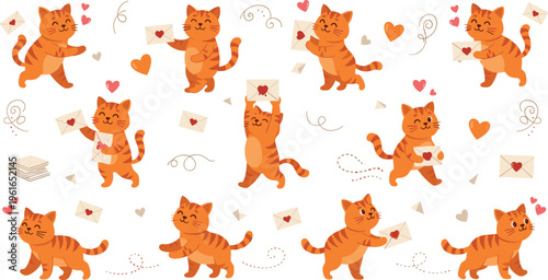 Cute cartoon cats with love letters and hearts seamless vector set featuring playful kittens holding envelopes perfect for Valentine greeting and romantic designs