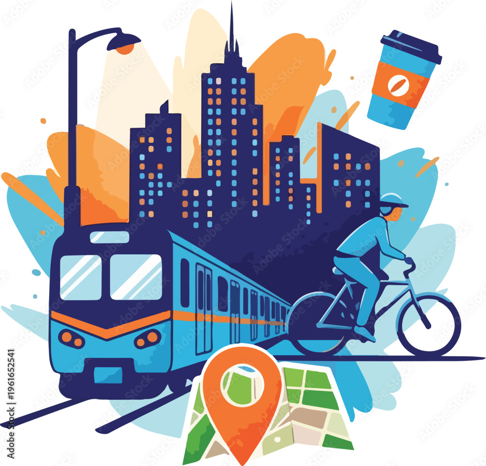 Naklejka premium Modern City Infrastructure for Sustainable Urban Lifestyle with Public Transport, Cycling, and Navigation Map Illustration
