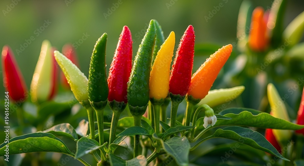 Naklejka premium Vibrant chili peppers growing in a garden with green leaves