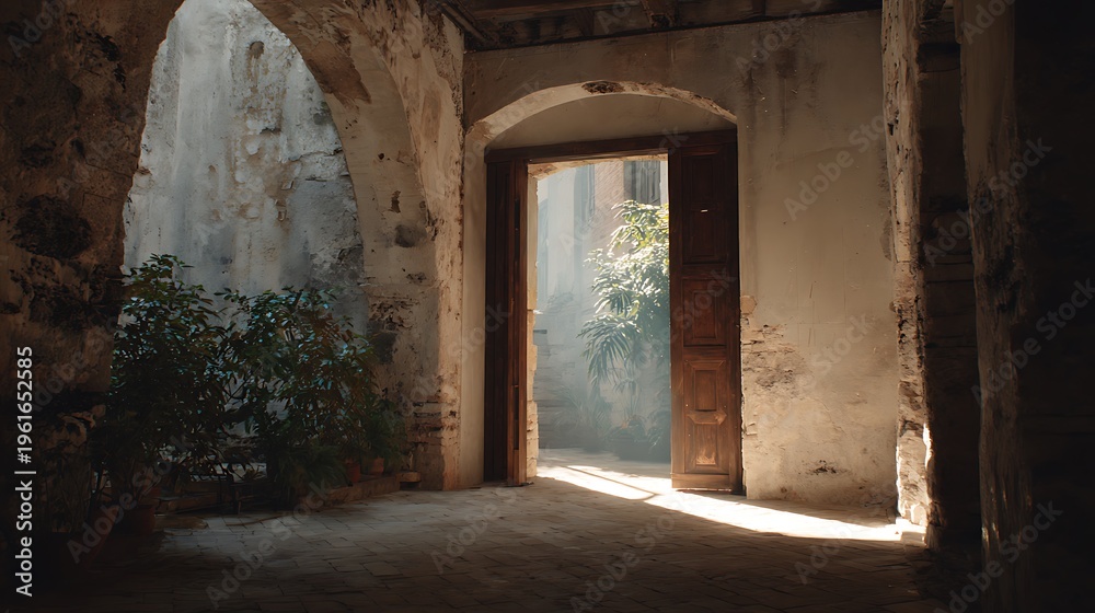 Fototapeta premium A serene interior scene with a door and archway, showcasing an old stone structure with lush plants indoors.