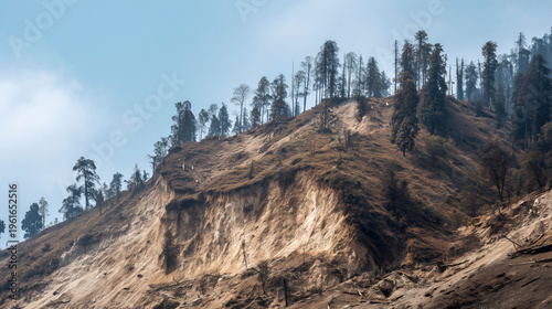 Barren Hillside with Eroded Earth and Sparse Trees Under Clear Sky