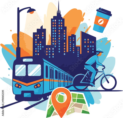 Modern City Infrastructure for Sustainable Urban Lifestyle with Public Transport, Cycling, and Navigation Map Illustration