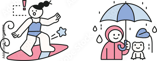 A girl surfing joyfully under a bright sun contrasts with a woman holding an umbrella in the rain with her pet