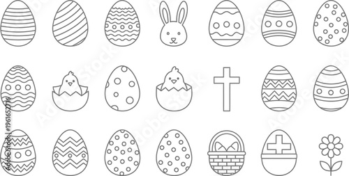 Easter themed line drawings of eggs and symbols