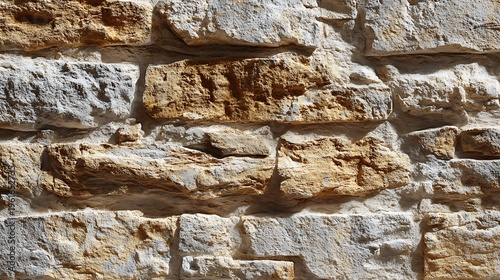 A close-up view of a weathered stone wall with rough textured bricks
