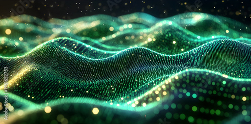 Abstract representation of flowing green and blue waves illuminated by soft lights, creating a dynamic digital landscape